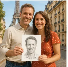 Couple holding a printed Balinese Soulmate Sketch portrait together while traveling