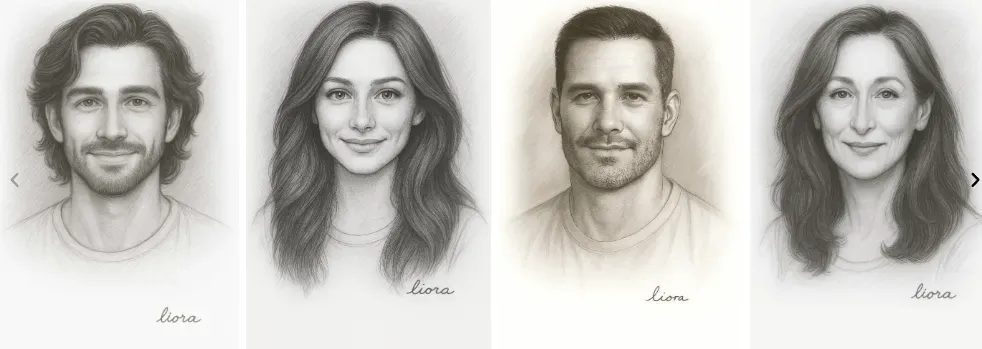 Sample of hand-drawn pencil sketch soulmate portraits from Balinese Soulmate Sketch, signed by the artist